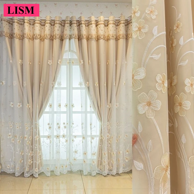 

Luxury Lace Gauze cloth Double-layer Blackout Curtains for Living Room Bedroom Girls‘room Bay Window Embroidered Tulle Custom