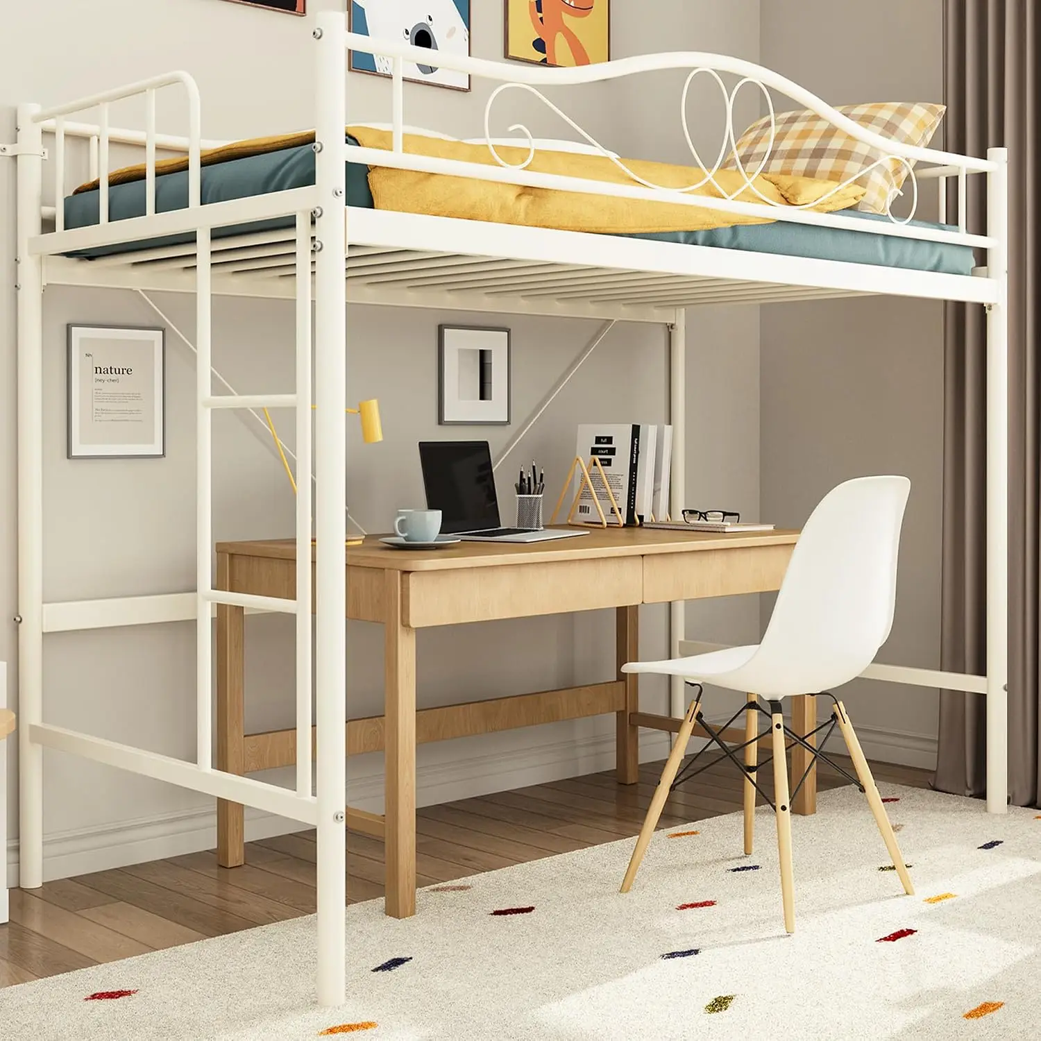 Twin Loft Bed with Ladder & Safety Guardrail, White Heavy Duty Metal Frame, 400 lbs Capacity, Space Saving, Easy Assembly