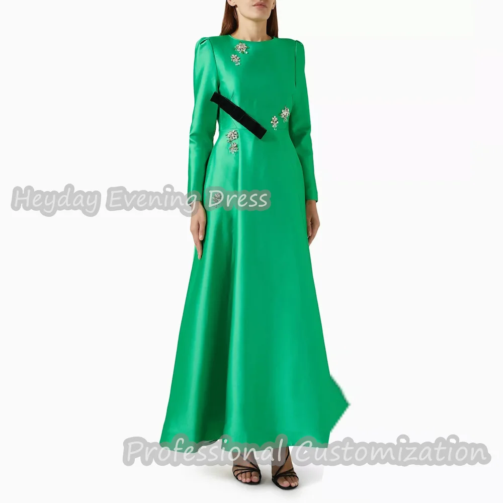 Heyday O-Neck Saudi Arabia Beaded Long Sleeves A-Line Prom Gown Satin Ankle Length Sexy Elegant luxury Dress For Women 2024