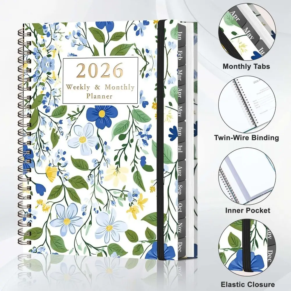 Indice Tag 2026 Planner Notebook Rilegatura a spirale Design semplice Piano giornaliero Programma Orologio nella funzione Notebook a spirale formato A5