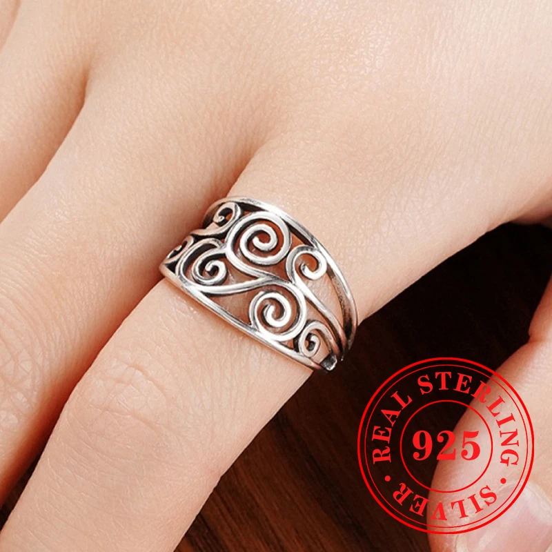 Huitan Exquisite Hollow-out Pattern Rings Female 925 Sterling Silver Vintage Style Finger Accessories Gorgeous Punk Party Jewelr