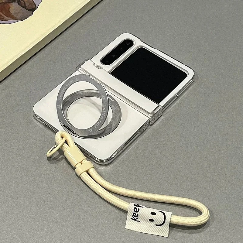 Simple Solid Color Rotating Stand Flip Case For Samsung Z Flip 7 6 5 / Xiaomi Mix Flip / Honor Magic V Flip 2 Cases &Wrist Strap