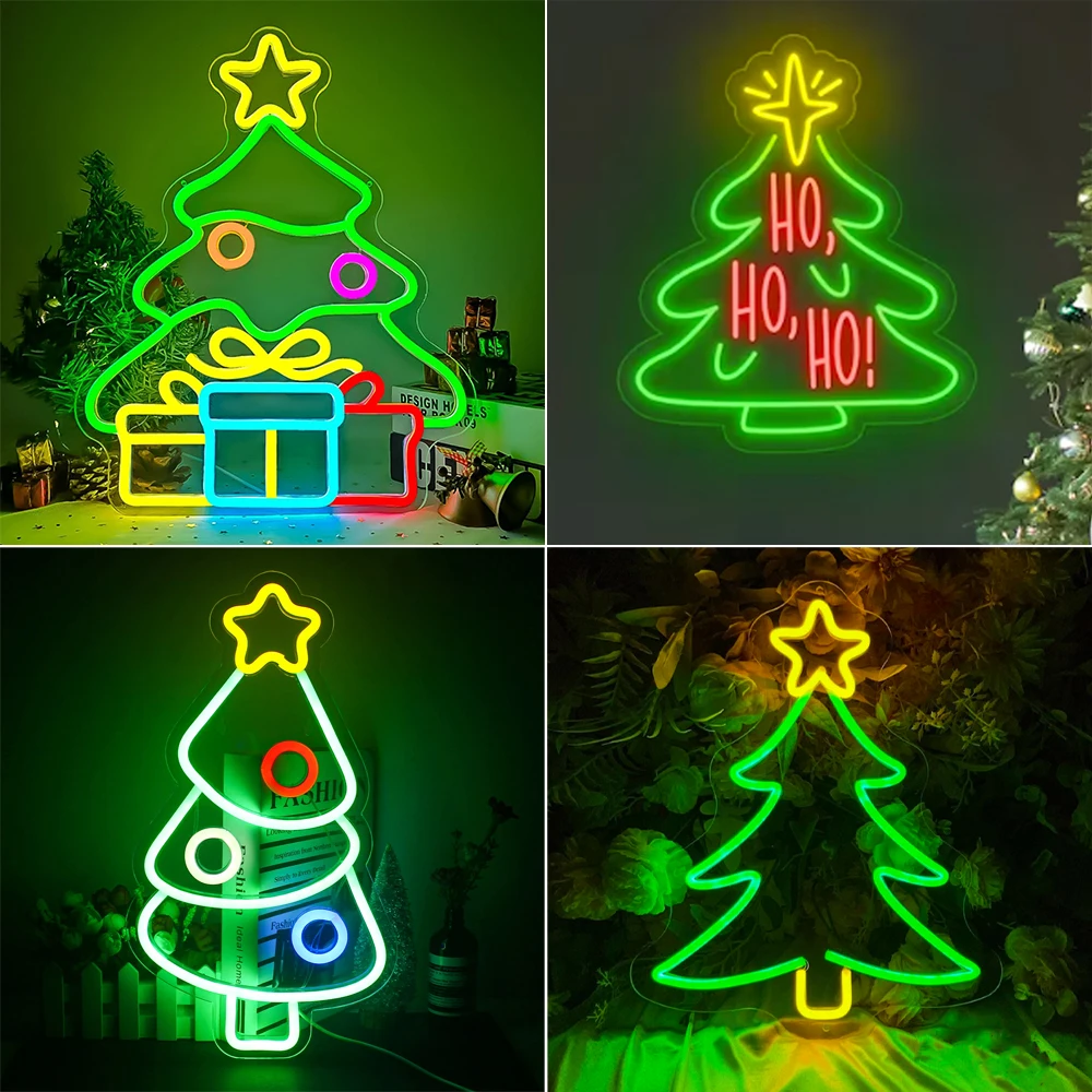 Christmas Tree Shape Neon Sign Merry Christmas Room Decoration For Wall Decor Led Lamp Dimmable Light For Home Shop Window Decor