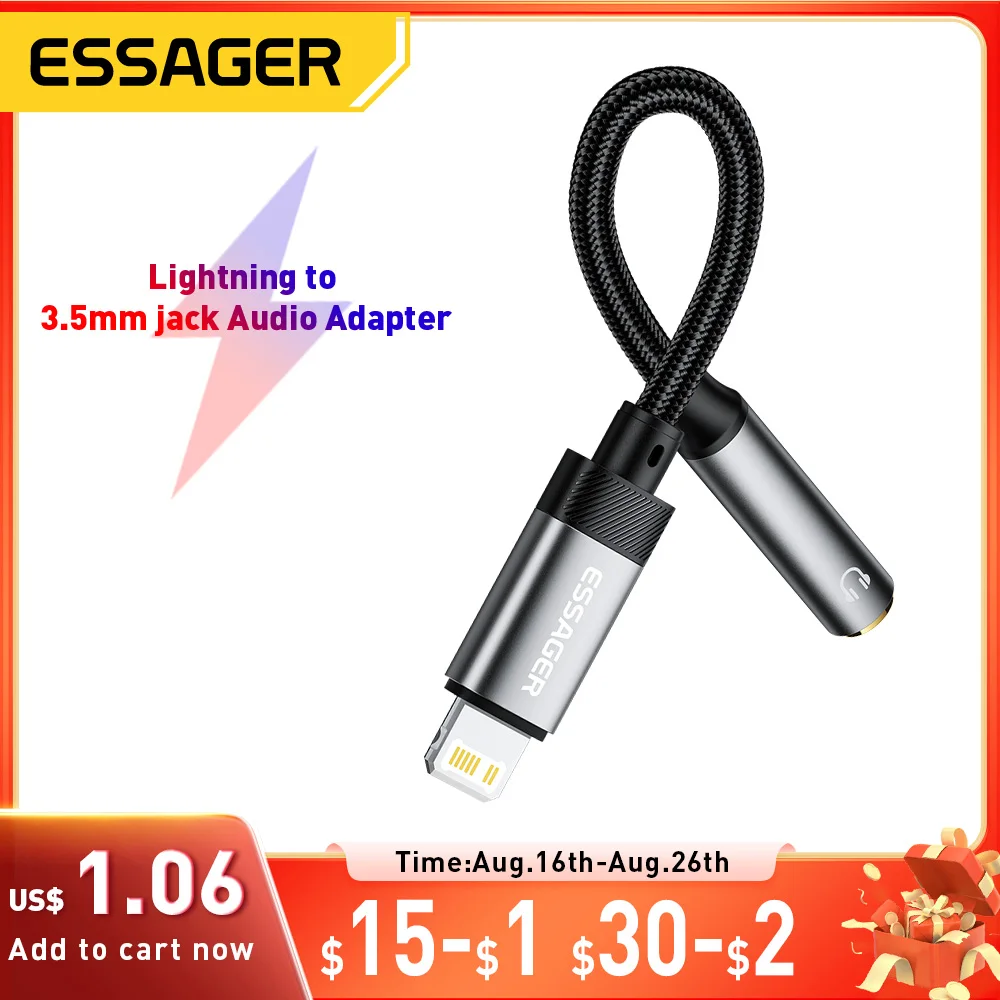 Essager製照明付き3.5mmジャックオーディオアダプター、ヘッドホンAUXケーブル、USB Type C - 3.5mmアダプター、OTG Type C、iPhone、Xiaomi、OnePlus対応