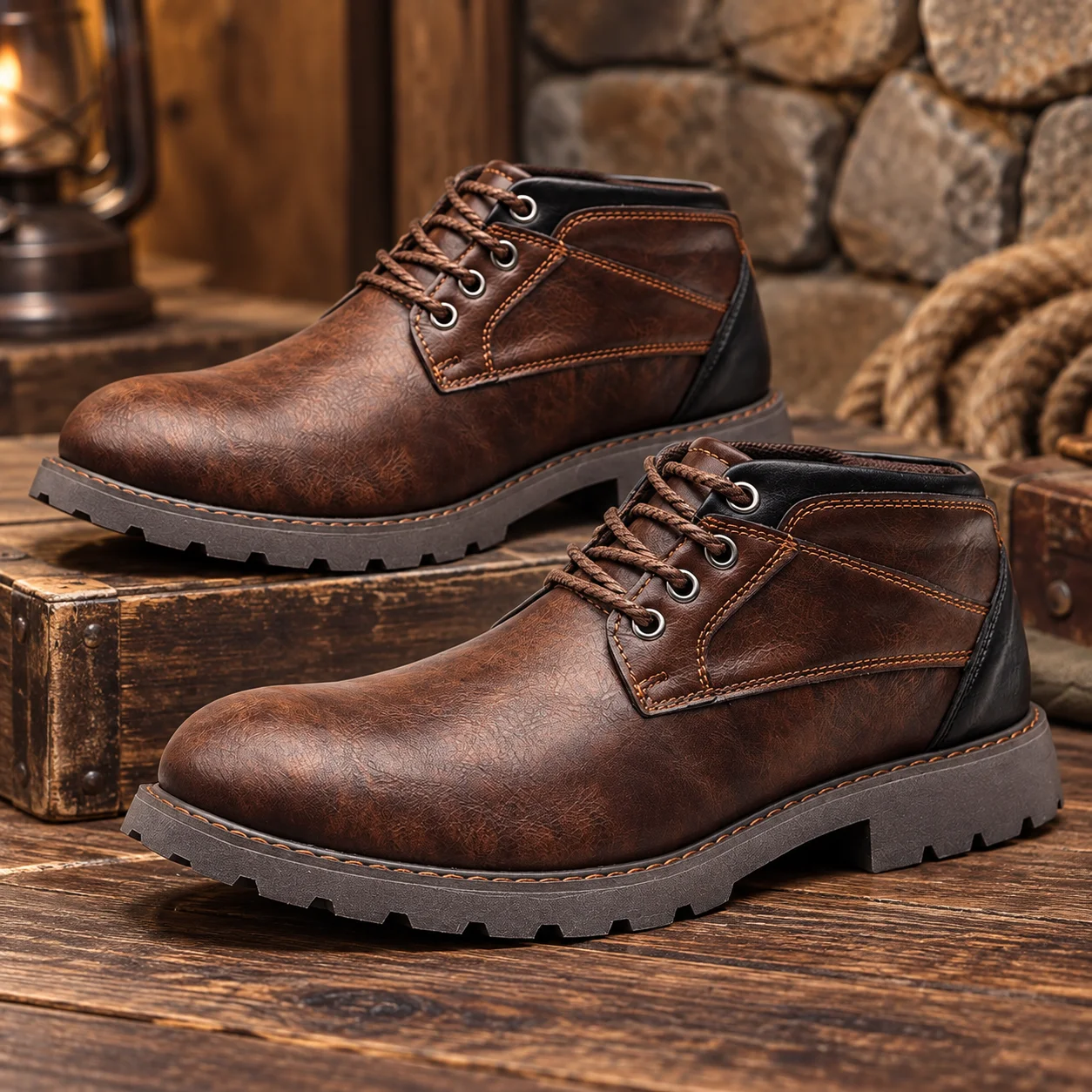 Men's Retro Leather Ankle Boots 4-Hole Lace-Up British Casual Shoes Outdoor Handmade Fashion Work Boots Leather Boots for Men
