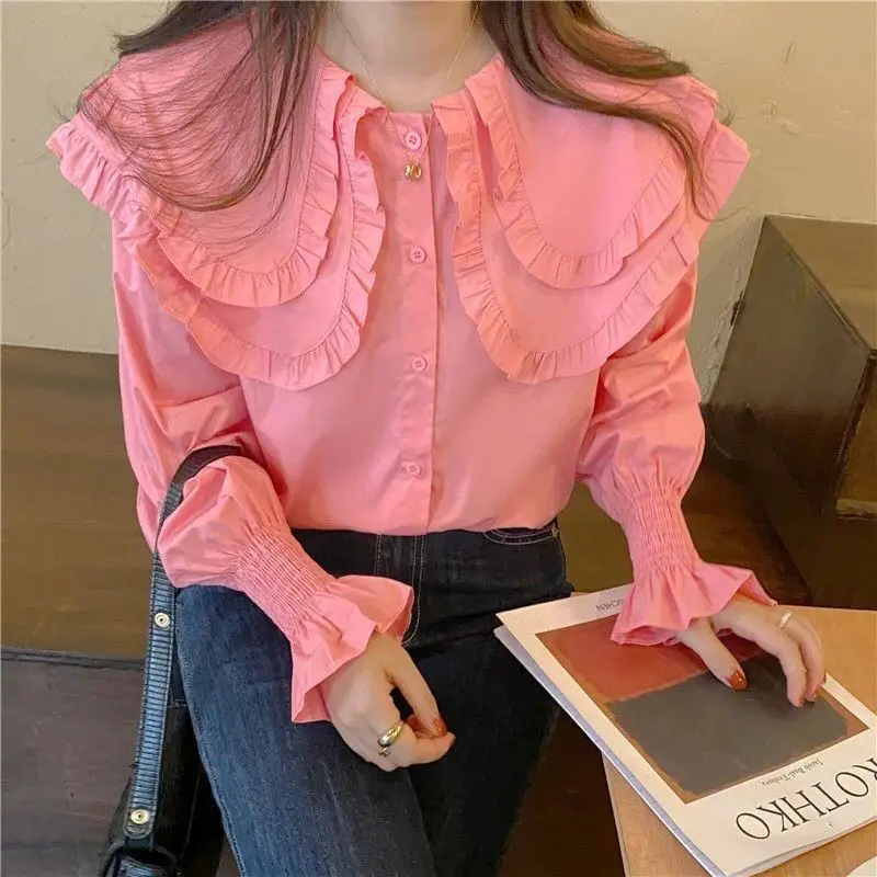 Double-layer Fungus Big Lapel Age-reducing Sweet Shirt Early Spring Is Thin and Versatile Breasted Solid Color Top Women