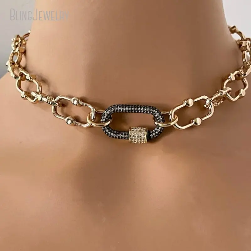 10pcs Stainless Steel Gold Color Cable Chain Necklace Gunmetal And  Cubic Zirconia Pave Carabiner Screw Lock Clasp Jewelry