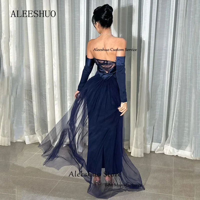 Aleeshuo gaun Prom Satin putri duyung Vintage gaun pesta malam tanpa tali seksi Backless Tulle Off The Shoulder gaun Prom