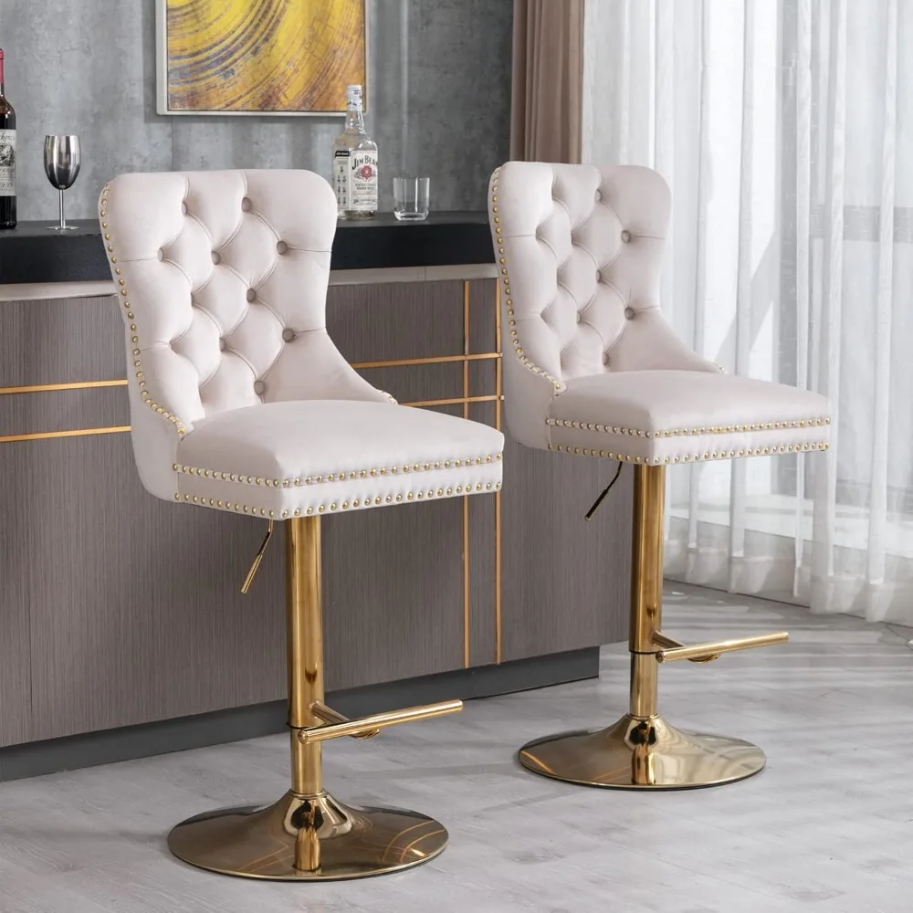 

Velvet Bar Stools Set of 2 - Adjustable Height, Button Tufted with Back, Swivel Gold Base - Upholstered Bar Stools for Kitchen