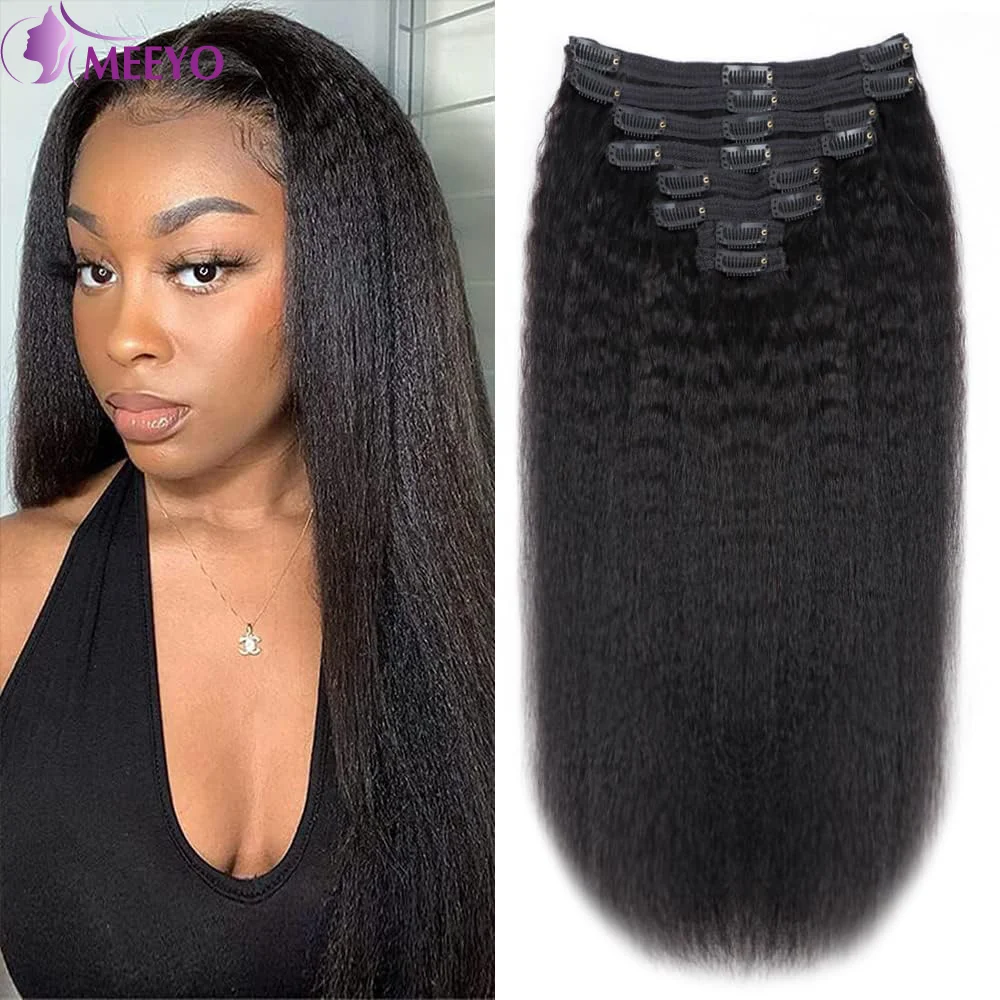 

Kinky Straight Clip In Hair Extensions Brazilian Straight 100% Real Human Hair 8Pcs/Pack For Women Natural Color Full Head 120G