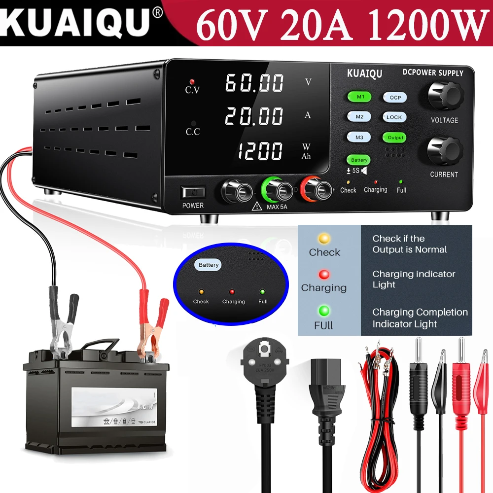 

KUAIQU 30V 20A Lab Regulated Power Supply,with Memory Storage/OCP/OUTPUT Function, Fully Charged Auto Stop DC Power Supply