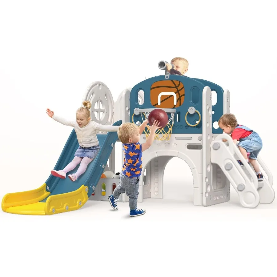 9 in 1 Toddler Slide Kid Slide for Toddlers Age 13 with Ring Toss Basketball Hoop and Telescope Indoor Outdoor Playset Playgrou