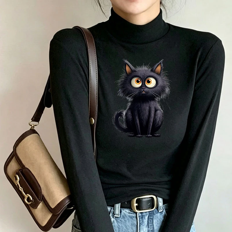 Winter Women's Thermal Brushed Fleece Half Mock Neck Long Sleeve T Shirt Fluffy Black Cat Sitting Graphic Warm Tee