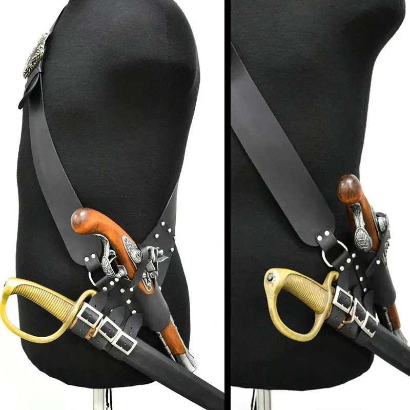Medieval renacentista pirata mosquetero Flintlock funda espada Cutlass titular cuero Baldric Buccaneer capitán disfraz Cosplay