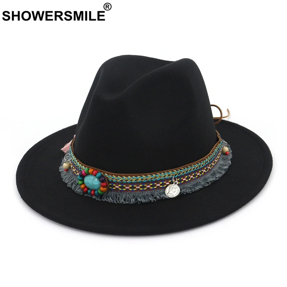 SHOWERSMILE Pink Fedora Ladies Vintage Felt Hat Women Casual Ethnic Style Large Brim Tweed Autumn Winter Jazz Cap Red Black 2024