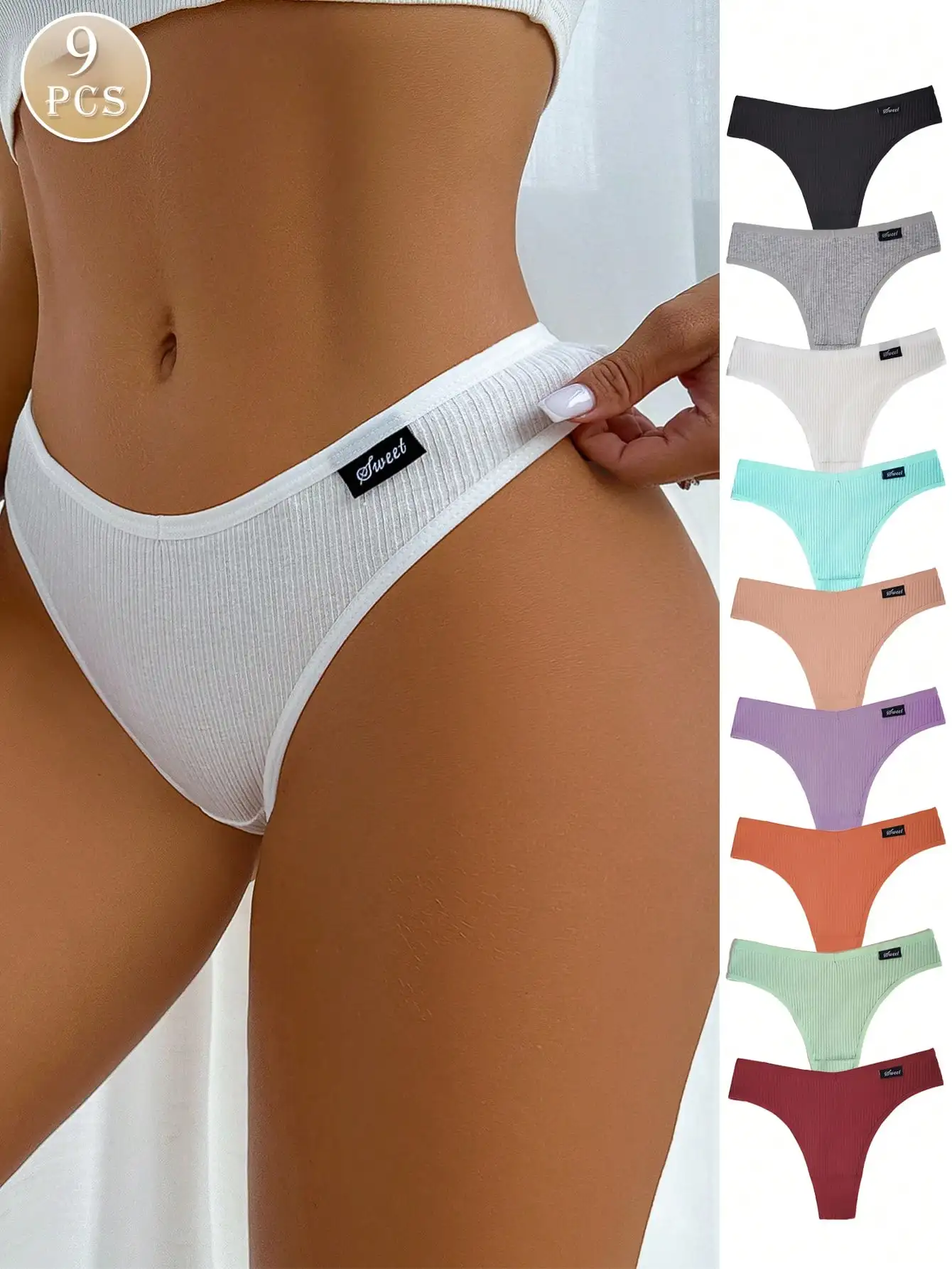 Lot de 9 culottes string en coton côtelé Morandi, taille basse, sans couture, avec entrejambe en coton respirant, invisibles