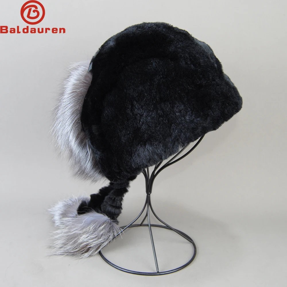 

New Winter Fur Hat for Women Real Rex Rabbit Fur Hats with Silver Fox Fur Flower Knitted Beanies Caps New High-end Women Fur Cap