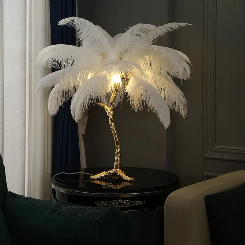 Nordic Luxury Ostrich Feather Lamp Creative Design Tree Light Table Lamp Feather for Living Room Bedroom