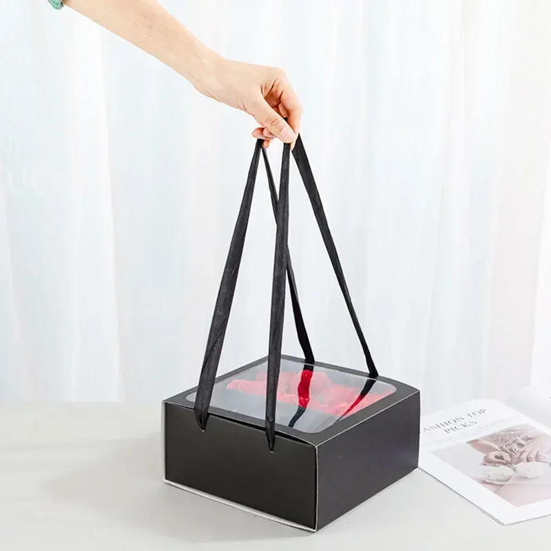 Square Gift Box with Handle Transparent PVC Window Rose Candy Dessert Valentine\'s Day Memorial Day Gift Packaging Box Pink/Black