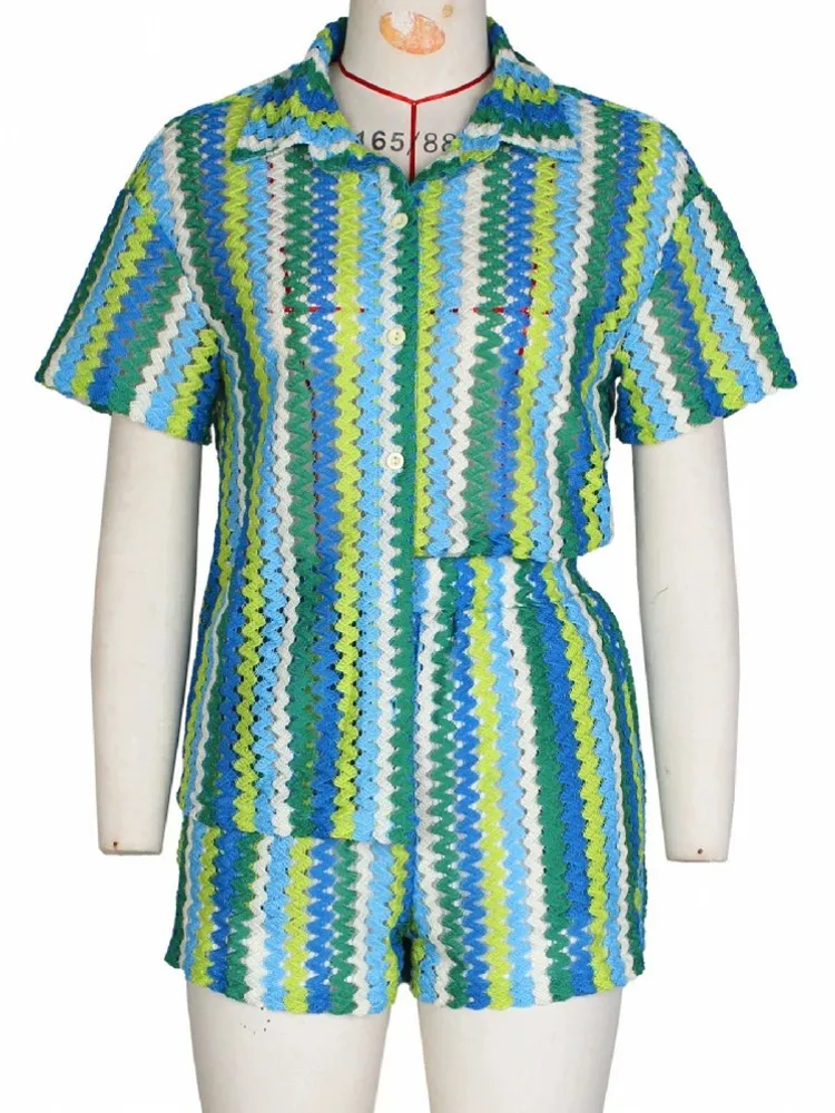 Women'S Summer Knited 2 Two Pieces Sets Suit Hollow Out Short Sleeve Single Breasted Tops And Shorts Pants Beach Holiday