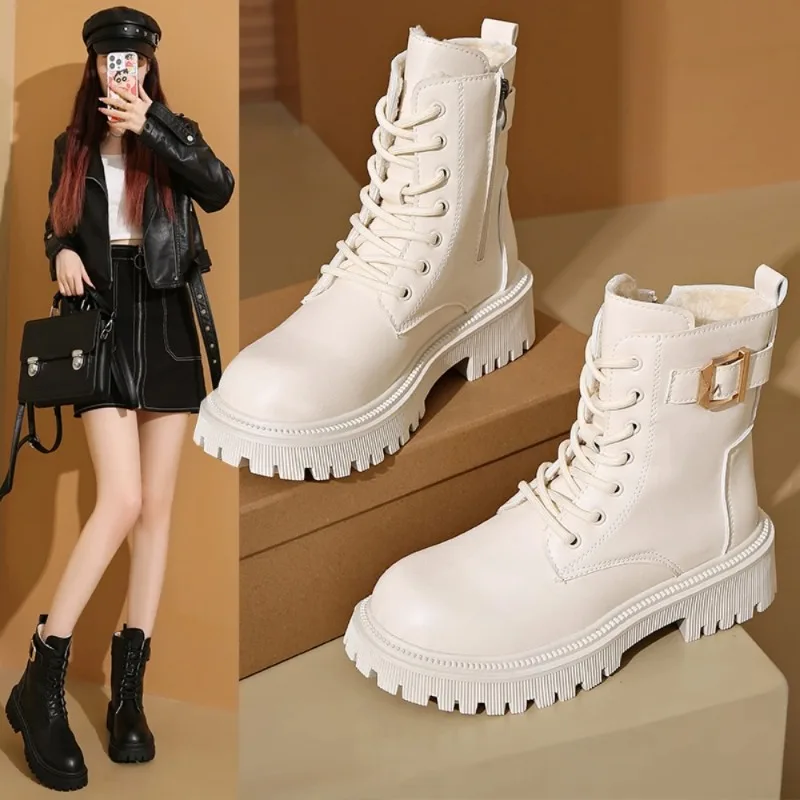 

Зимние женские короткие ботинки на платформе 2025 года из мехового материала, одноцветные, со шнуровкой