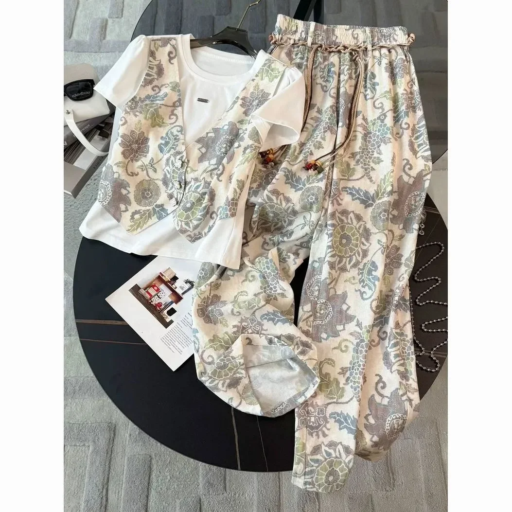 

Fashionable and Stylish Korean Style Fake Two-piece Sports Suit Women's Summer New Casual Top Wide Leg Pants Two-piece Set