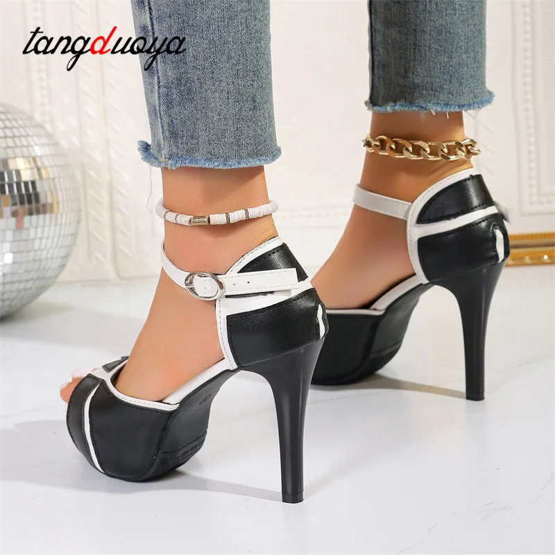 New 2024 Summer Black Chunky Heel Stiletto Open Toe Waterproof Platform Buckle High Heel Women\'s Sandals White Shoes