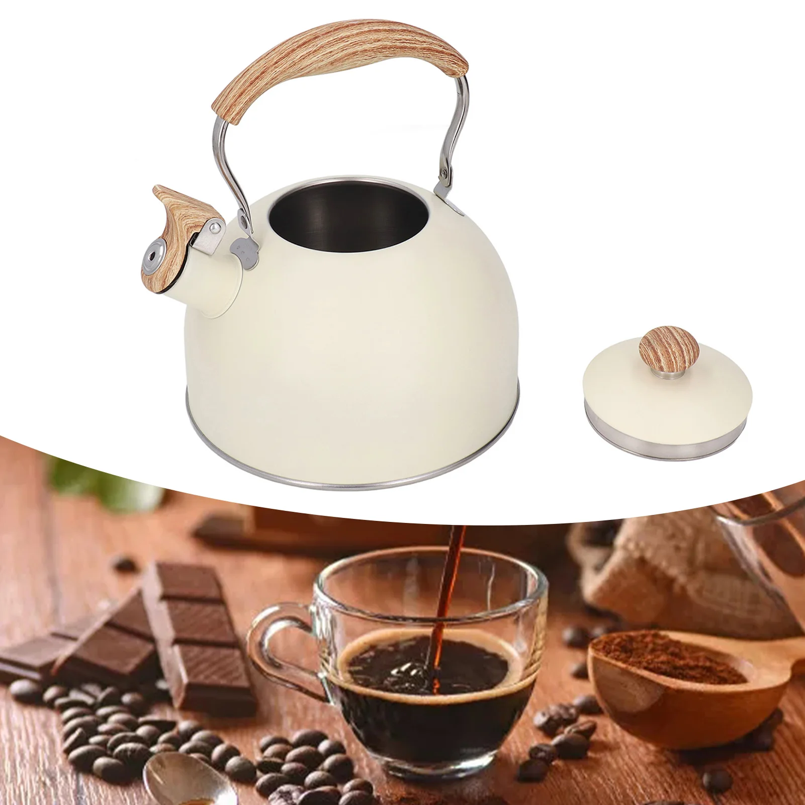 2.5L Stainless Steel Teapot Beige Whistling Tea Kettle with Handle Convenience Tea Pot Kitchen Accessories