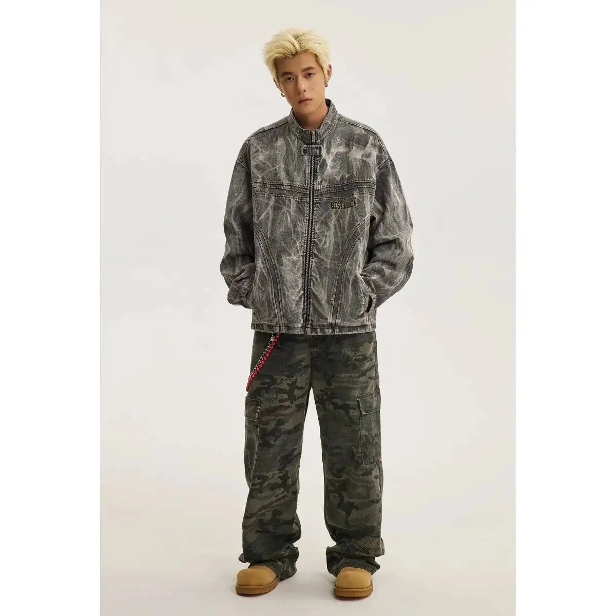 Man Denim Jacket Retro High Street Distressed Graffiti Print Denim Jacket Men's Spring Autumn New Loose Biker