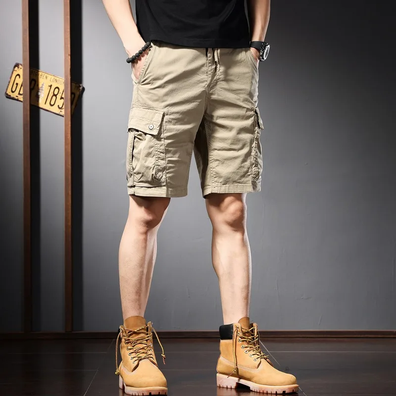 Cargo Shorts Men Summer Streetwear Fashion Casual Multi Pockets Drawstring Khaki Cotton Baggy Straight Short Pants