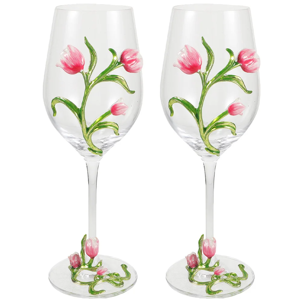 

2Pcs Tulip Embossed Footed Wine Glass Set Stable Base Decorative Whiskey Goblet Party Wine Flute Glass for Bars Restaurants Gift