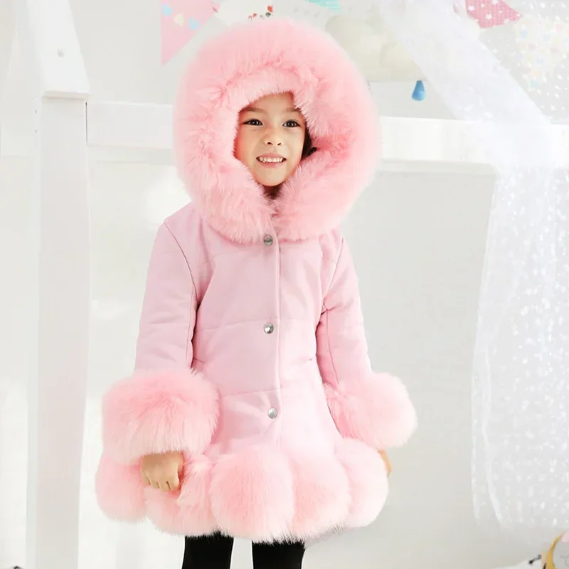 Girls Winter Thick Coat 2024 New Korean Children Clothing Children PU Leather Fur Medium Length Hooded Cotton Coat
