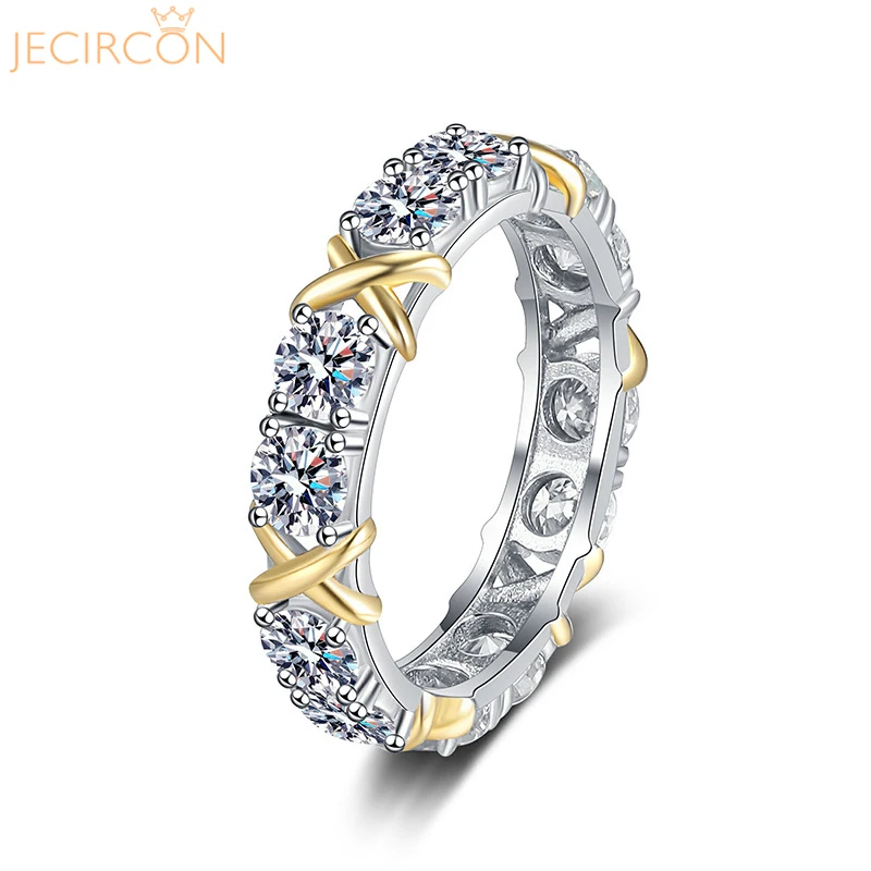 JECIRCON 925 Sterling Silver Moissanite Ring for Women Classic Cross Double-color Row Ring Single 0.3 Carat Full Diamond Jewelry