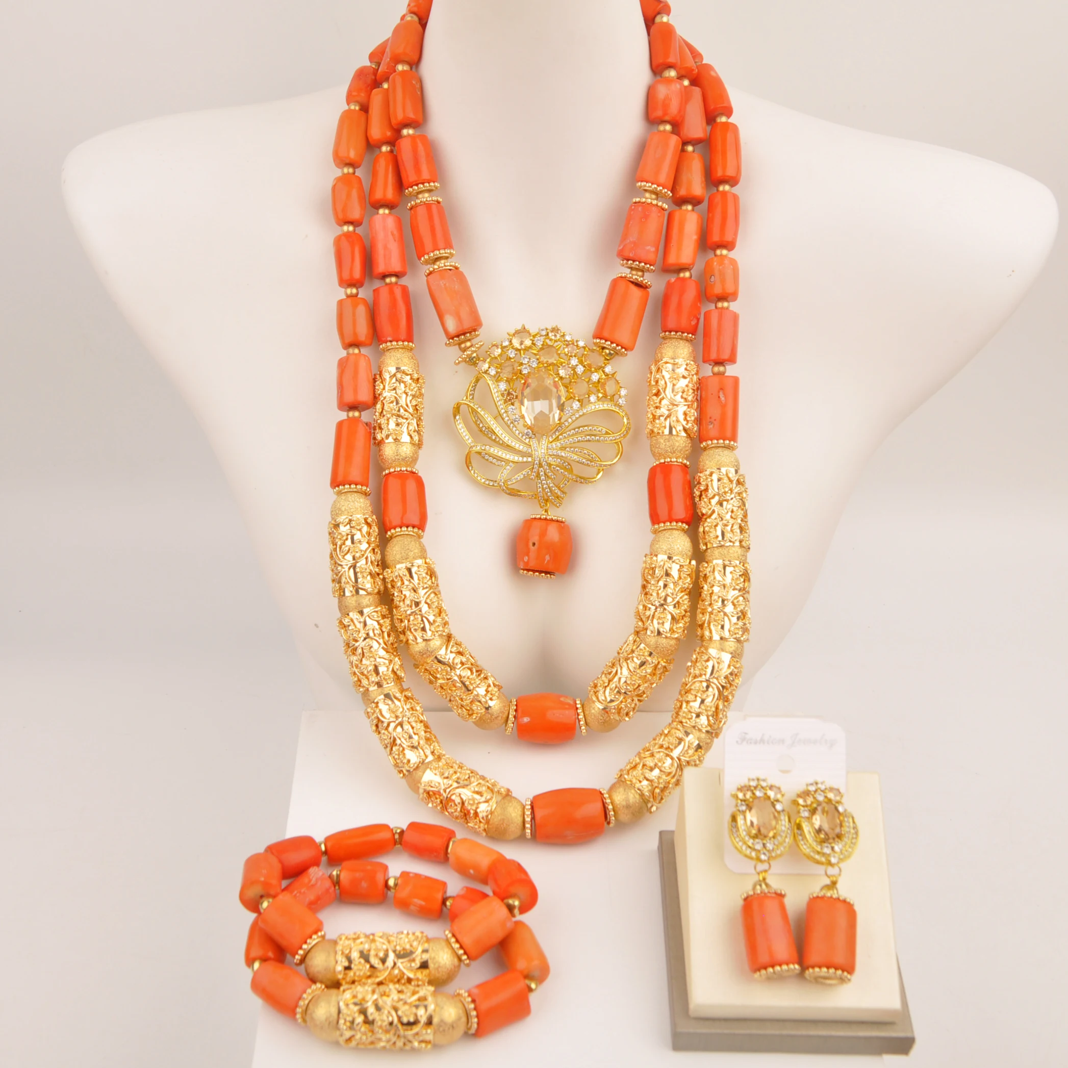 Nature Orange Coral Jewelry African Wedding Beads Nigerian Bridal Jewelry Sets