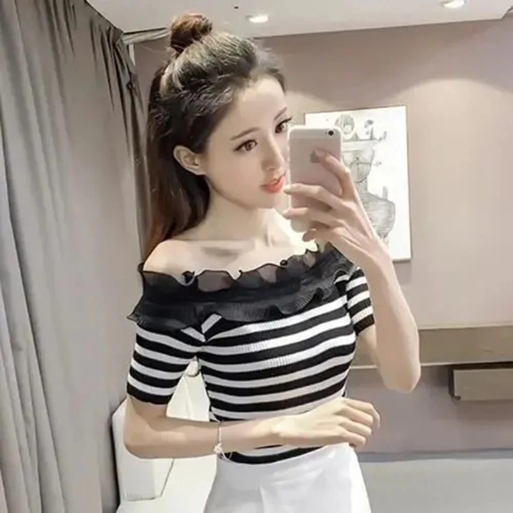 

Summer Fashion Off Shoulder Top Women's Clothing Sales Korean Elegant Short Sleeve Knitwear Shirt Sexy Women's Temperament Tee