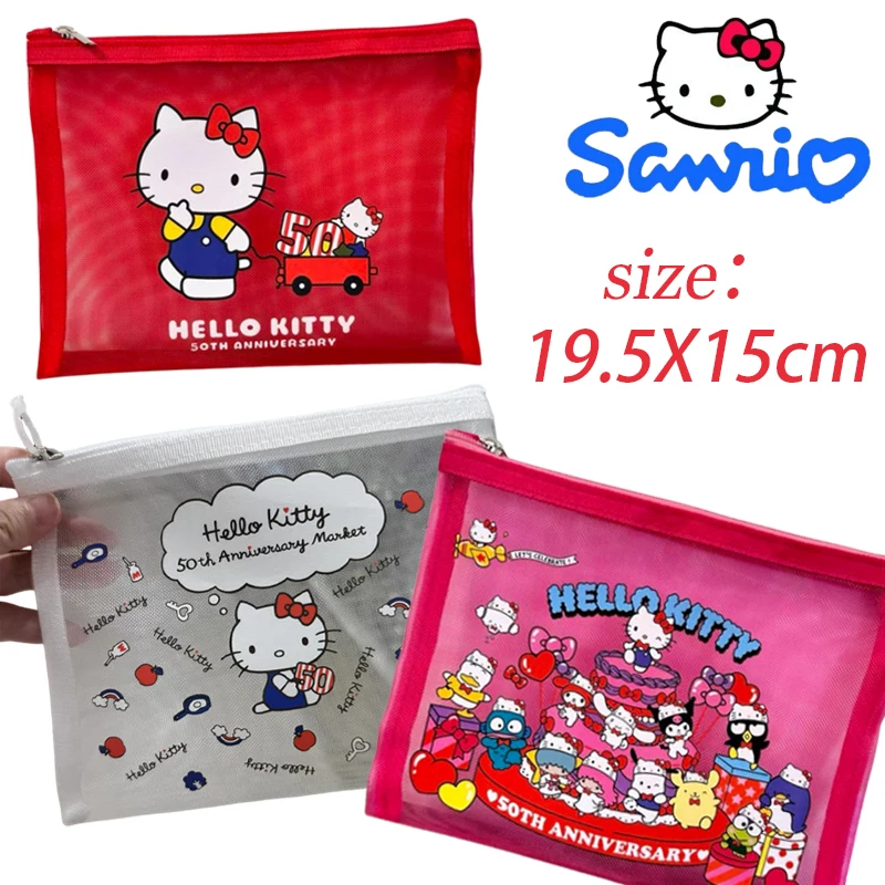 

Sanrio Hello Kitty Cosmetic Bags Cartoon Transparent Mesh Bag Portable Toiletries Organizer Stationery Storage Pouch Pencil Case