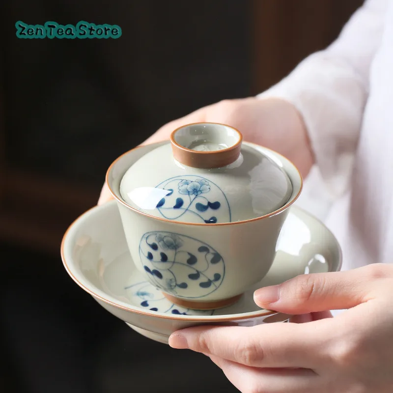 Hand-painted Blue And White Antique Cover Bowl Underglaze Color Ceramic Kung Fu Tea Bowl Chinese Trumpet