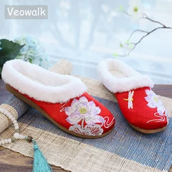 Veowalk Winter Warm Plush Lined Women Cotton Embroidery Flat Mules Comfortable Soft Light Ladies Slippers Shoes White Black Red