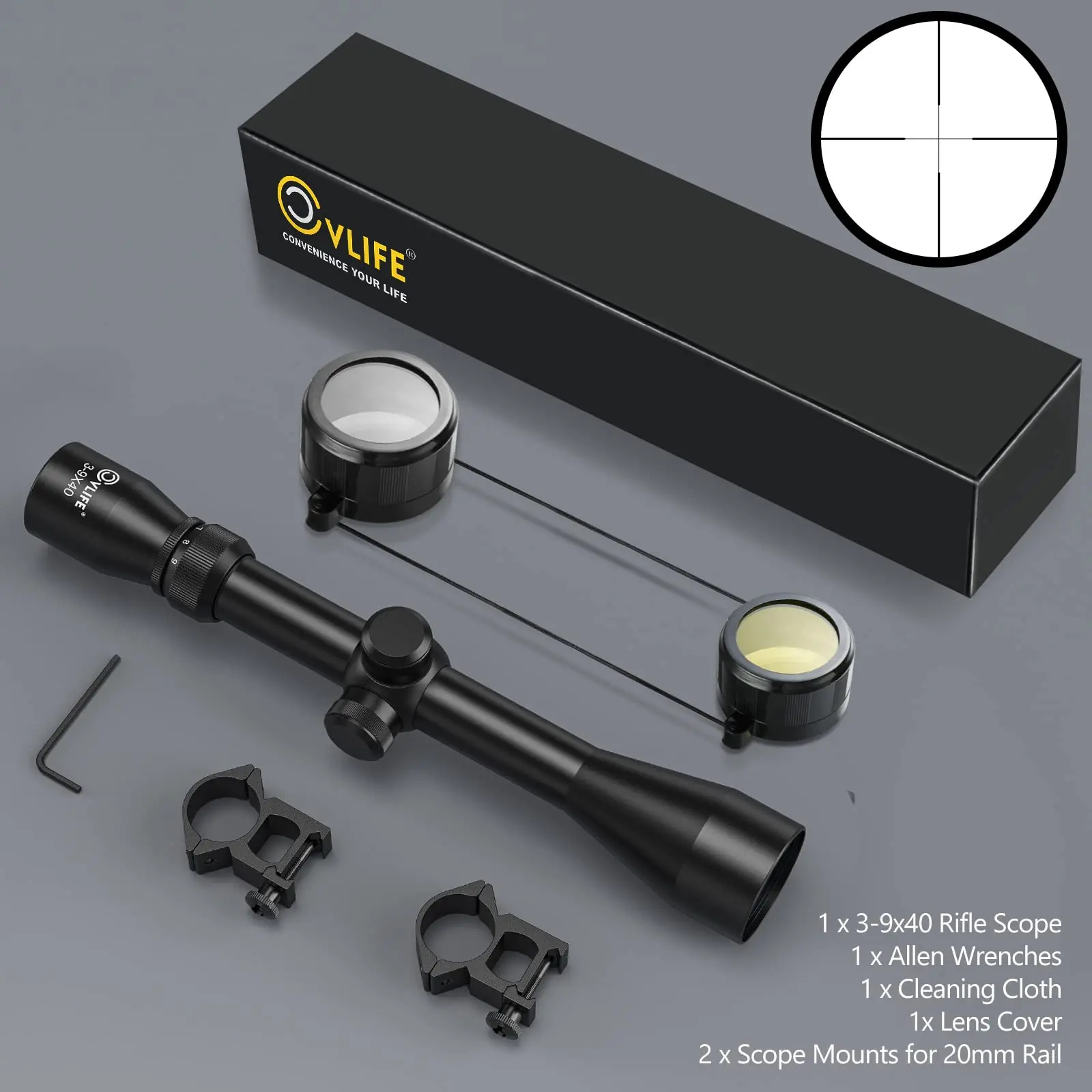 

EZshoot Rifle Scopes 3-9x40 Optics R4 Reticle Crosshair Scope with Free 20MM Picatinny Mounts Hunting Magnification 3-9x