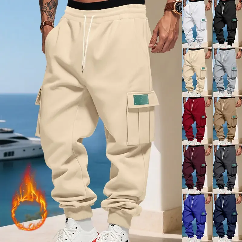 

Men's Cotton Trouser Multi-Pocket Micro-elastic Sports Casual Pants Fitness Joggers Fleece Keep Warm Trousers Men Cargo Pants
