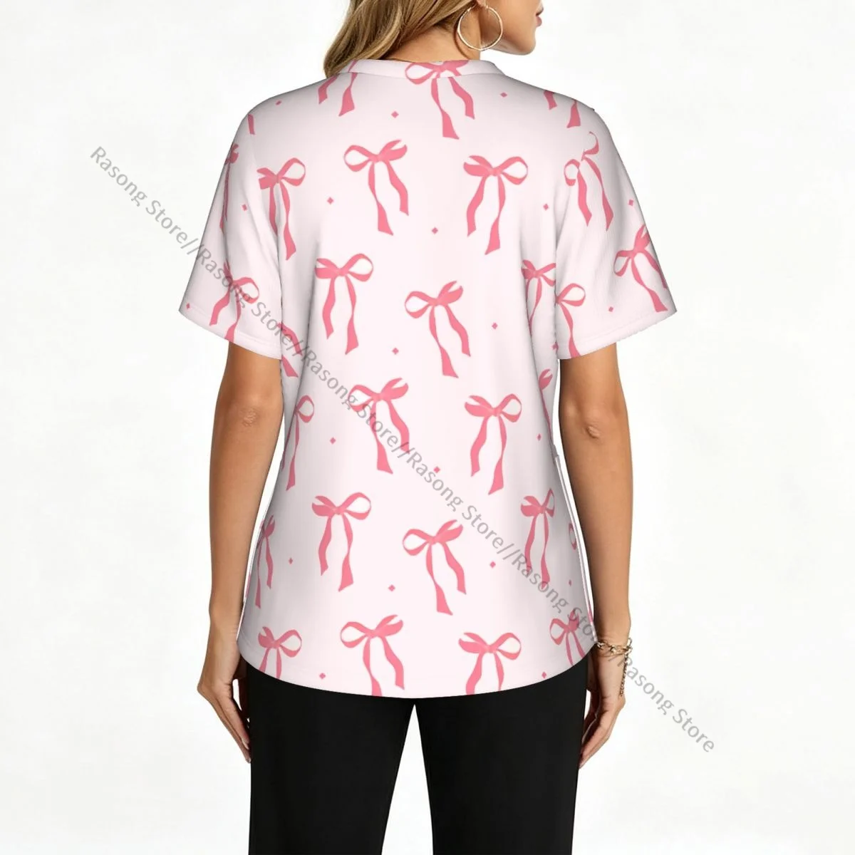 Cute Coquette Aesthetic Pattern Pink Ribbon Bow Scrubs tops medical uniforms women Stretch Scrub Shirt Dentist doctor Blouse