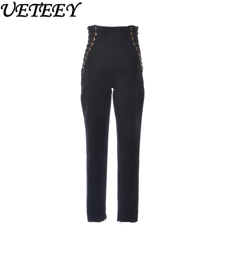 

European Style Socialite Waist Tie Slim Fit Pencil Pants Fashion Versatile Black High-Waist Long Trousers for Women