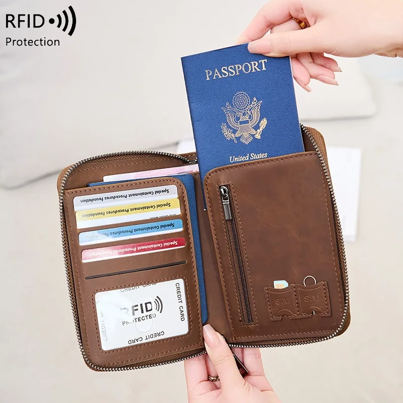 Travel Purse Passport Holder RFID Shielded Large-Capacity Document Zippered Storage Wallet Genuine Leather Clutch Bag Unisex