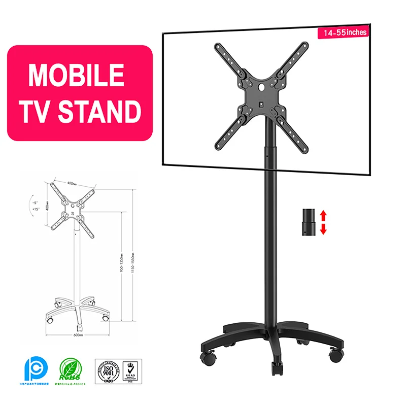 14-55 inch Mobile TV Stand Height Adjustable with Wheels 30KG TV Monitor Hanging Stand for Home Meeting Restaurant Hospital