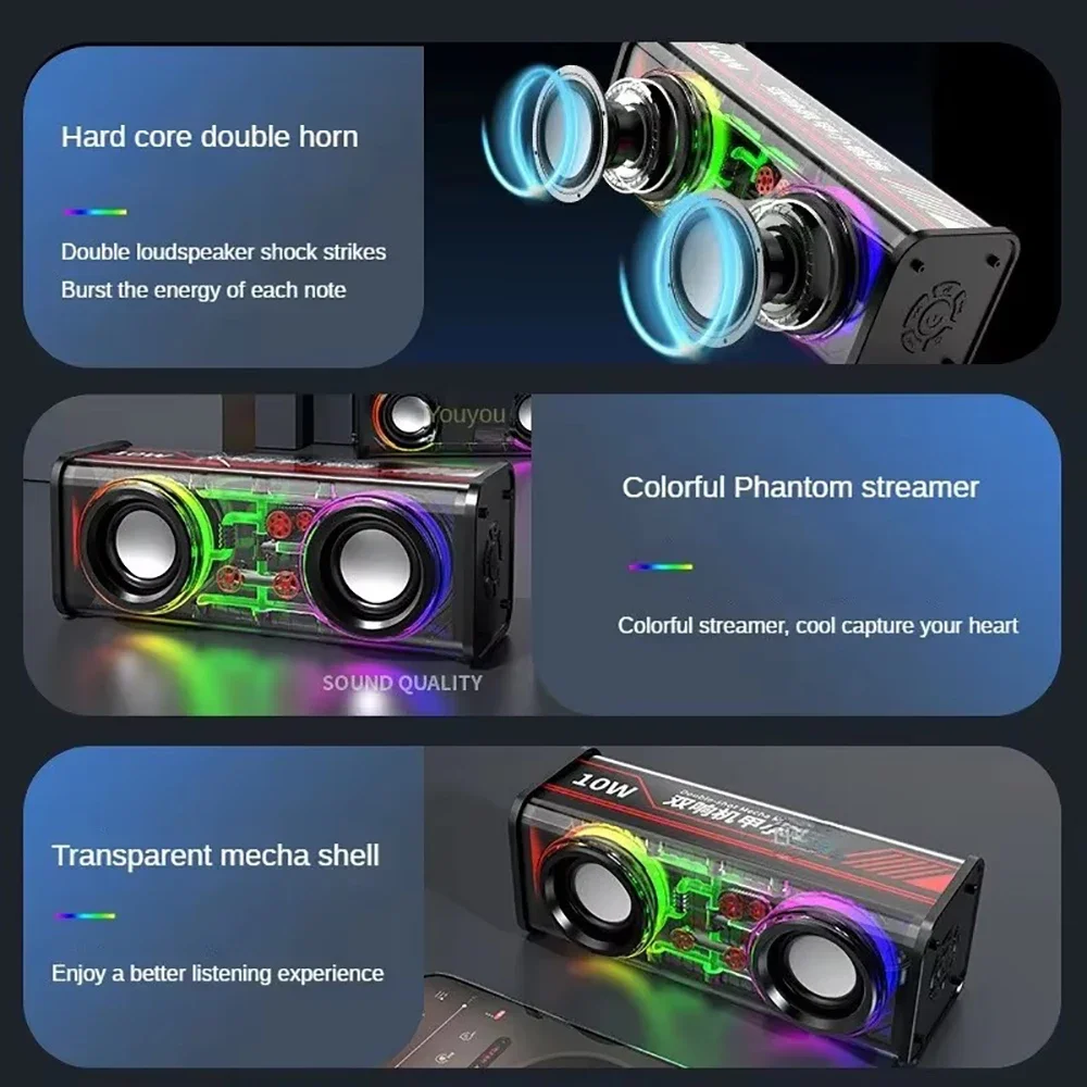 V8 Transparent Mecha Speakers Bluetooth 5.0 Wireless Double Bass Diaphragm Subwoofer Music TWS RGB Light Mini Party Loudspeaker
