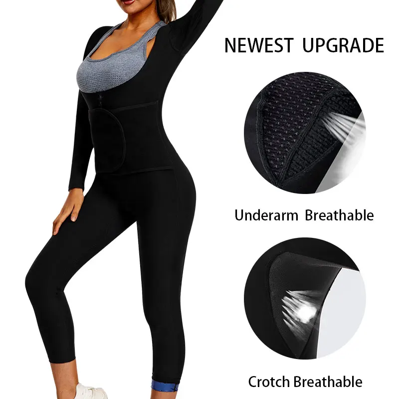 Sauna Jumpsuit For Women Weight Loss Sweat Suit Full Body Top Pants Waist Trainer,Adjustable Belt,Underarm And Crotch Breathable