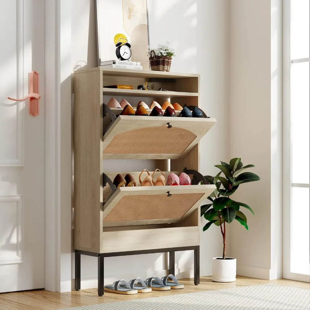 

Freestanding Storage Cabinet with Rattan Doors, Narrow Shoe Rack Cabinet, Slim Hidden Cabinet for Entrance, Natural