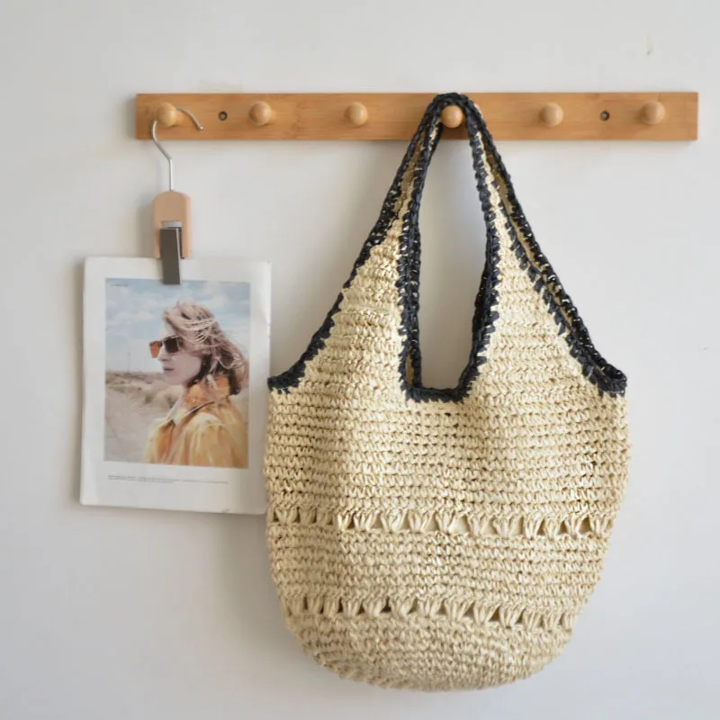

Bohemian Knitting Straw Bags for Women Bucket Bags Shopper Tote Handmade Crochet Beach Bag Summer Hollow Woven Shoulder Bag