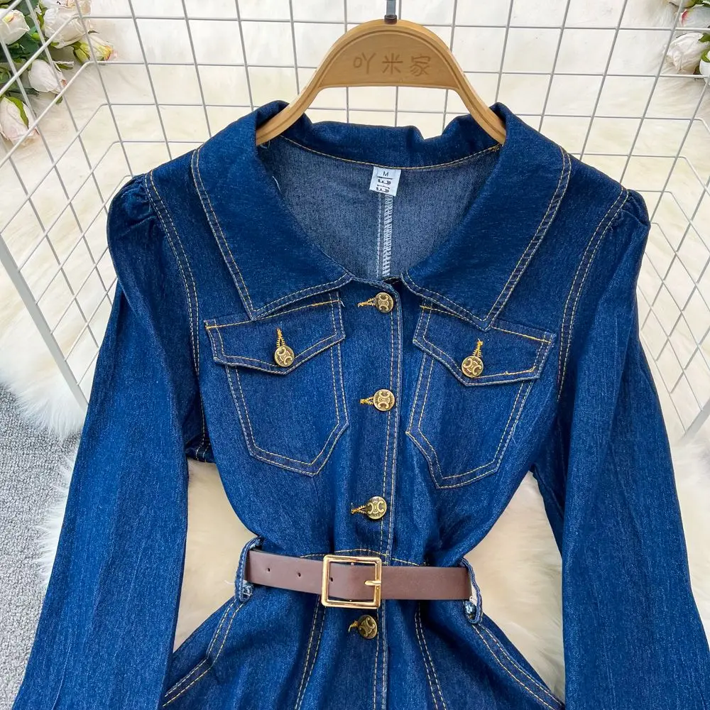 2025 Spring Autumn New Long Denim Dresses Women's Korean Long Sleeve Laps Waist Slimming Single Breasted A Shirt Jeans Dress