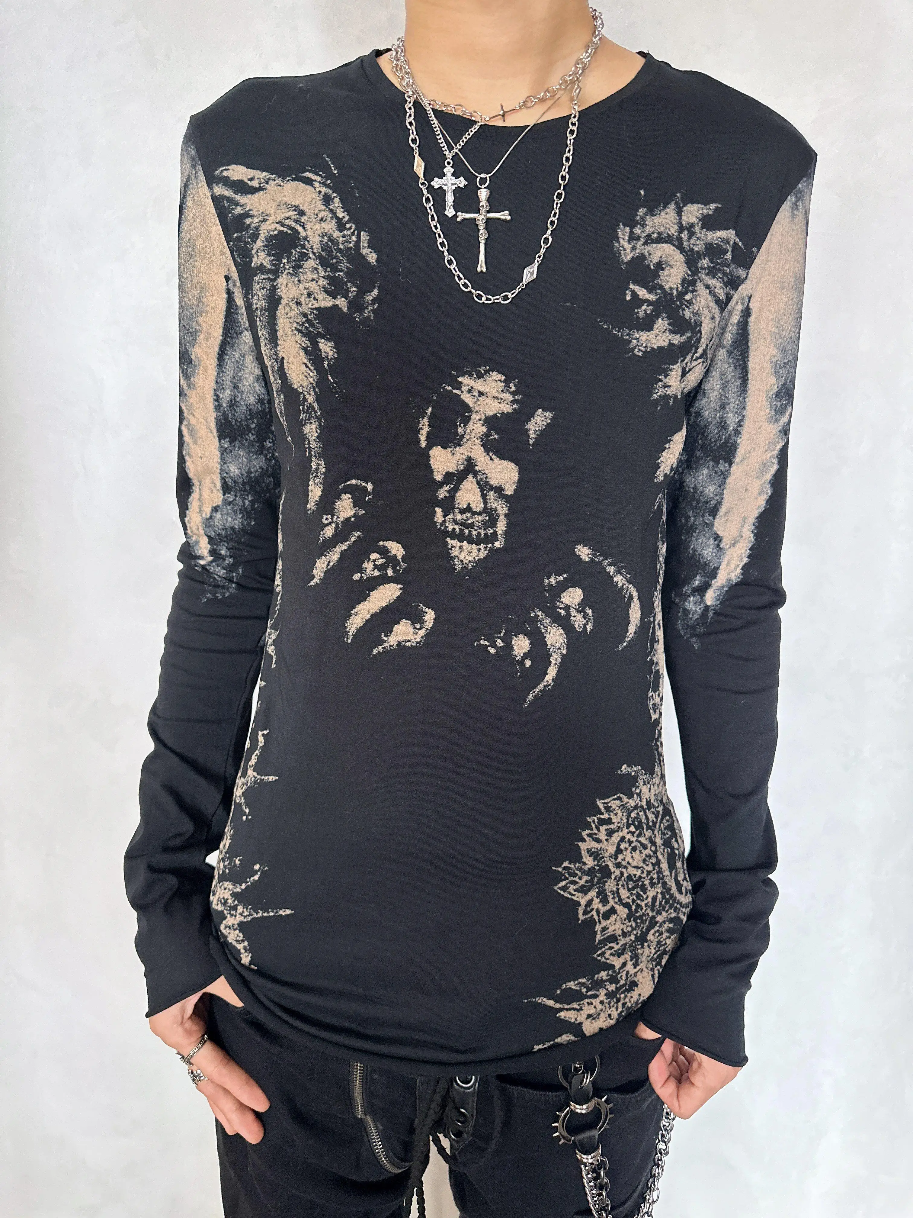 BLACK JOKER BLACK JOKER if6was9 Skull Feather Tattoo Pattern Visual Retro Long-Sleeve T-Shirt tops